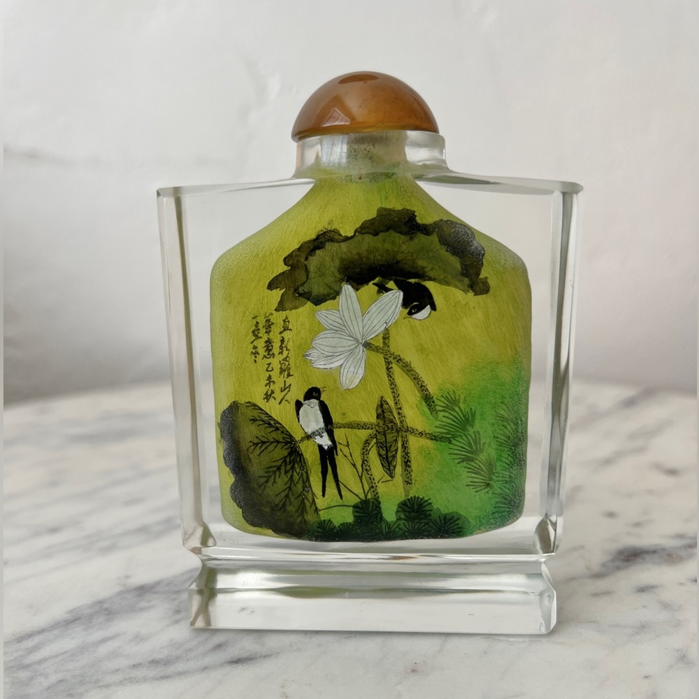 Vintage Antique Chinese Opium Snuff Bottle Reverse Painted Crystal Bird Flowers
